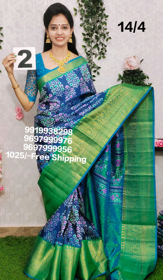 Green & Blue Floral Silk Saree